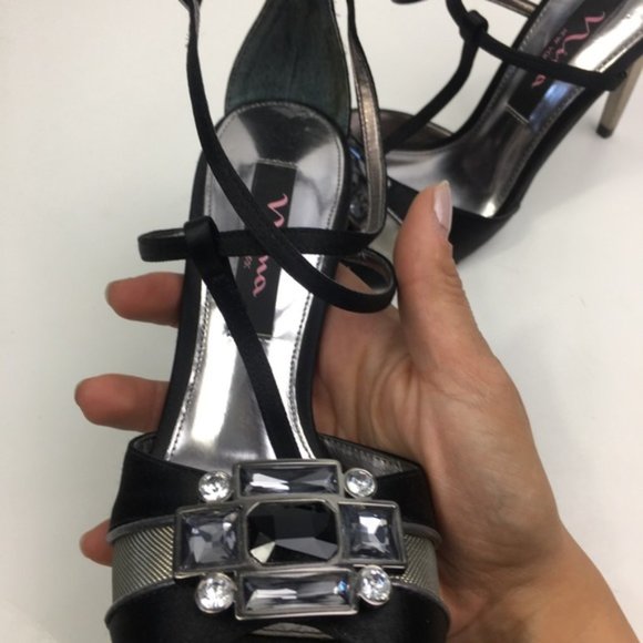 Nina Black/Silver Satin Jewel Heel Peep-Toe Pumps - Picture 11 of 12